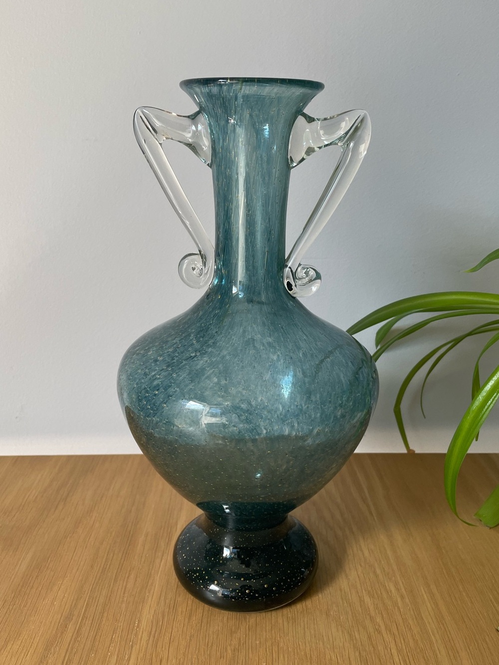 Vintage MCM Murano Style Handblown Blue Bubble Glass Double-Handled Vase